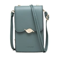 Close-up of teal PU leather crossbody bag featuring a golden leaf buckle and logo - Green