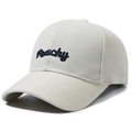 Cappellino da baseball in cotone bianco crema con ricamo Peachy blu sul davanti - Regolabile / Bianco