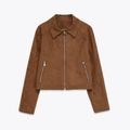 Women's brown faux suede cropped jacket with lapel collar and metal zipper closure - S / Dark Brown