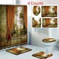 4-piece waterproof polyester shower curtain set with vintage forest window landscape pattern - 3-Piece Bath Mat Set / Olive Green