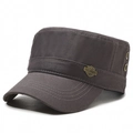 Dark grey flat top military hat in canvas with metal badge and breathable side vents - Adjustable / Gray