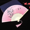 Pink Chinese folding fan with black butterfly prints and elegant pink tassel - No. 59
