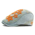Light blue denim beret with orange plush stars and embroidered street style lettering - Adjustable / Orange