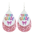 Detailed view of layered leather teardrop earrings with Third Grade pencil and bow design - Third Grade