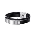 Braided black leather and silicone bracelet with a polished silver metal plate accent - KZ19 Silver (Silicone Material)