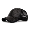 Black straw woven baseball cap with breathable mesh back and solid brim design - Mat Woven Patchwork Mesh Style / Black