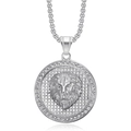 Hip-hop silver lion head pendant necklace with sparkling crystal ring on white background - Silver Color Single Pendant
