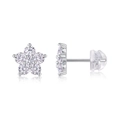 Macro shot of silver five-petal flower studs with sparkling zircon and silicone backings - E13602-Five-Petal Flower with GRA Certificate