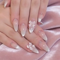 Uñas postizas degradadas rosa ojo de gato con lazos 3D y strass sobre terciopelo - Pegamento de Gelatina + Juego de Limas de Uñas / Mariposa de Luz de Luna (BW162)
