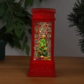 Nahaufnahme der roten Weihnachtslaterne in Telefonzellenform mit Glitzer und LED-Licht - Telefonzelle Weihnachtsbaum (Wasserinjektion)