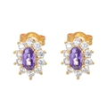 Golden sunburst stud earrings with purple oval gems and white cubic zirconia accents - Purple Main Stone White Side Stones Gold Base