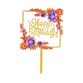 Golden acrylic Happy Birthday cake topper with colorful UV printed floral patterns - SJH0201/Purple Pink Floral Square