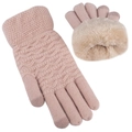 Close-up of pink wave-patterned knit gloves with thick plush fleece lining detail - Pink