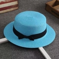 Detailed top view of light blue straw sun hat with black ribbon bow on grey background - M (56-58cm) / Sky Blue