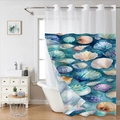 Detail view of marine shell print shower curtain with reinforced metal eyelets - SYL-2 (Watercolor Shells) - Single Shower Curtain / 181x188cm