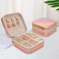 Pink iridescent square PU leather jewelry organizer with zipper closure and velvet interior - Upgraded Zipper Style / Pink Multi