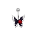 Silberner Schmetterlings-Bauchnabelpiercing mit violetten Flügeln und roter Rose - Dunkelblau und Rot