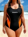 One-piece sports swimsuit in black with orange side stripes and SPORTS print - Orange Stripe