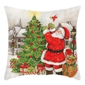 Christmas pillow cover featuring Santa Claus decorating a tree in linen fabric - Santa Decorating Christmas Tree