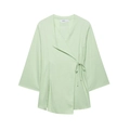 Detail of light green wrap top featuring side tie closure and wide three-quarter sleeves - XS / Tops / Light Green