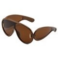 Oversized wrap-around shield sunglasses in deep brown finish with gold metal accents - Tea Frame Tea Lens