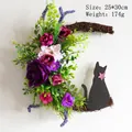 Halloween crescent moon cat wreath with purple roses and vine twigs on white wall - 30cm / Dead Branches Purple Rose Cat