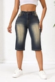 Women's dark blue denim Bermuda shorts with vintage wash and high waist fit - S / Blue-Yellow