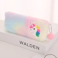 Unicorn plush pencil case featuring gradient pastel fur and a cute pink pompom charm - Rainbow