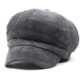 Deep grey corduroy newsboy cap for women featuring vintage textured octagonal stripes - Gray