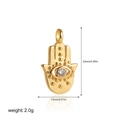 Detailed view of gold Hamsa hand pendant with blue evil eye zircon and size dimensions - HAMSA