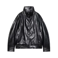 Classic black leather bomber jacket with stand collar and sleek polished finish - XS / Black