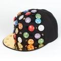 Hip-hop snapback hat with gold mirrored brim, colorful gemstones, and punk metal spikes - Adjustable / Black