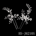 Silver bridal hair pins set with handmade pearls and sparkling crystal flower leaves - HS-J6210S 2Pcs Silver Handmade Pearl Rhinestone Hair Pins