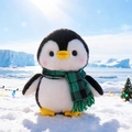 Penguin plush toy with green plaid scarf standing in a snowy winter landscape - Red Plaid Scarf / 20cm