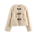 Close-up of beige fleece coat featuring metal buckles and textured faux fur fabric - XS / White