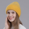 Women's yellow rabbit fur knit beanie hat with warm ribbed cuff and plush texture - Yellow