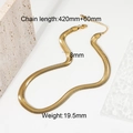 Flat lay of gold stainless steel snake chain necklace with dimension specs on stone base - Gold Flat Snake Chain (JDN20150-2)