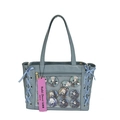 Blue ita bag with transparent window featuring multiple anime badges and ribbon bows - Blue