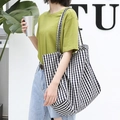 Classic large check print canvas tote bag with slim shoulder straps in casual style - Small Plaid / Blue