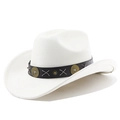 Close-up of white felt cowboy hat featuring a brown leather band and metallic ornaments - M (56-58cm) / Cream