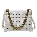 White woven faux leather shoulder bag with decorative gold chain and adjustable strap - White