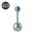 G23 titanium belly button ring with iridescent green and purple splattered design - Rainbow Striped
