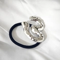 Minimalist elastic hair tie with silver liquid metal ornament on white silk - Silver Figure-3