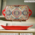 Bohemian ceramic rectangle fish plate with handles and colorful ethnic pattern 31.5cm - Bohemian Oval Fish Plate / Dark Red