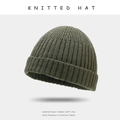 Olive green ribbed knit beanie hat in minimalist hip-hop style for autumn and winter - One Size / Army Green