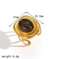 Golden stainless steel open ring with a large amber-colored oval natural stone inlay - Gold Tiger Eye Open Ring (TR6724-TG)