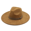 Brown faux suede wide brim jazz fedora hat with woven dotted ribbon accessory - Khaki (Suede)