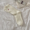 Beige cotton ribbed mid-calf socks with scalloped cuffs and pink heart embroidery - Heart Embroidery / Beige