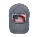 Close-up of American flag patch and washed texture on dark gray cotton baseball cap - Adjustable / Gray