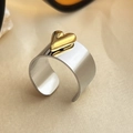 Two-tone wide open ring with silver band and a golden 3D heart-shaped accent - Silver Wide Band with Gold Heart Ring